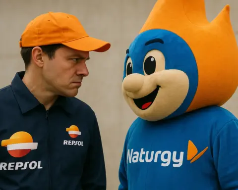 Empleado de Repsol con gesto serio frente a la mascota sonriente de Naturgy, simbolizando rivalidad entre compañías de gas y electricidad.