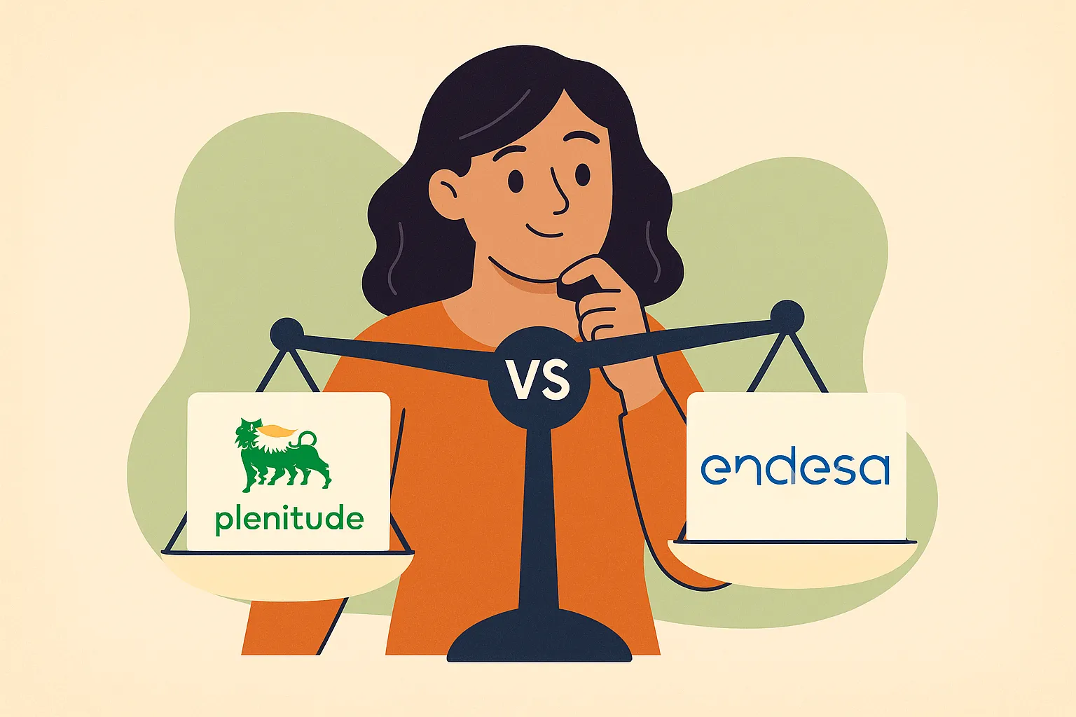 Mujer frente a una balanza compara entre Plenitude y Endesa porque duda cuál es mejor para ella.