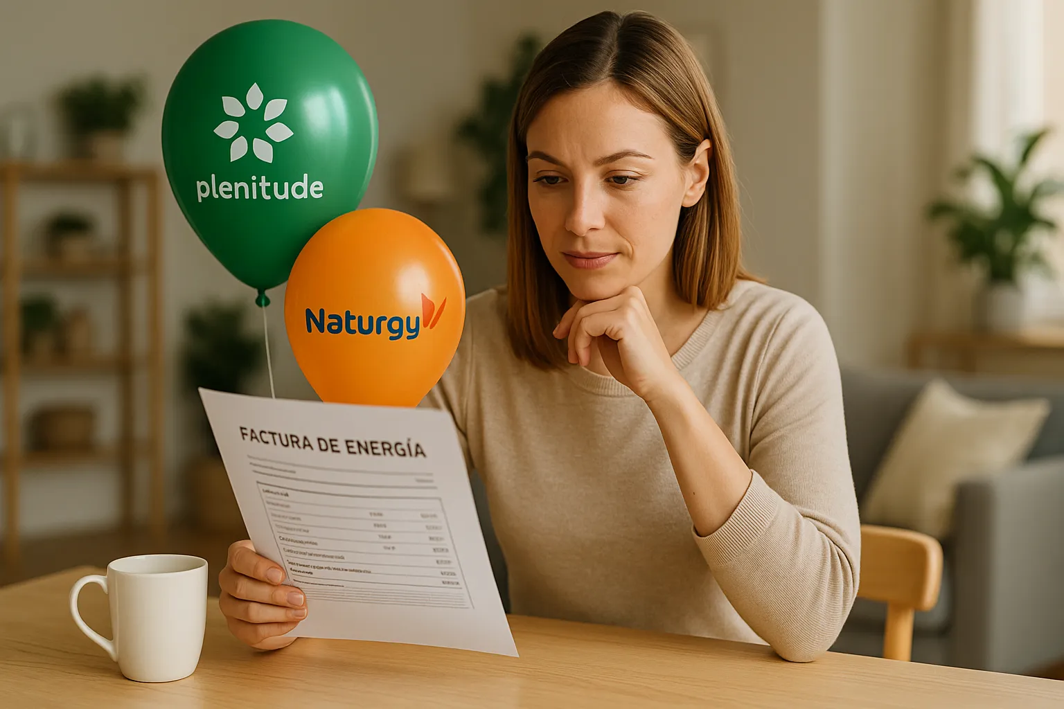 Mujer leyendo una factura de energía y dos globos con los logotipos de Plenitude y Naturgy en el salón de su casa.