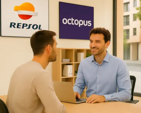 Personas con camisetas de Repsol y Octopus frente a un gráfico y VS central.