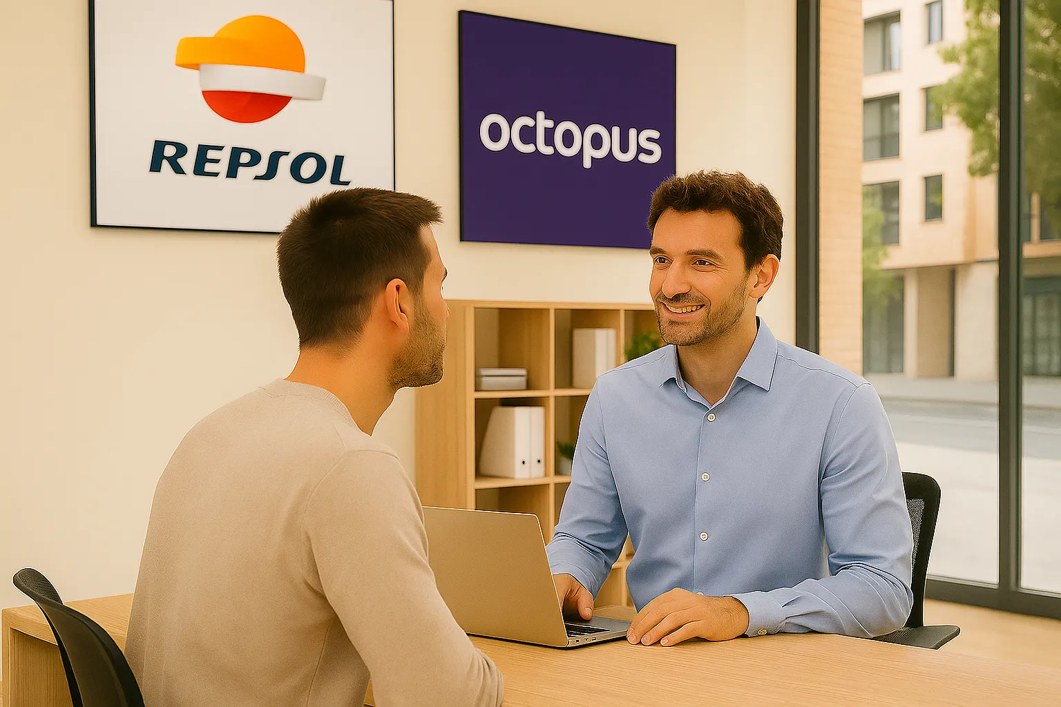 Personas con camisetas de Repsol y Octopus frente a un gráfico y VS central.