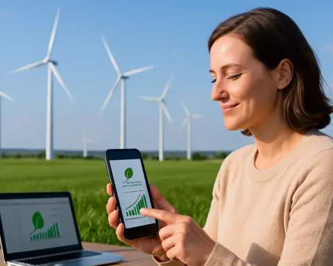 Mujer en un campo con molinos de viento al fondo, sosteniendo un smartphone donde se ve una app de energía limpia.