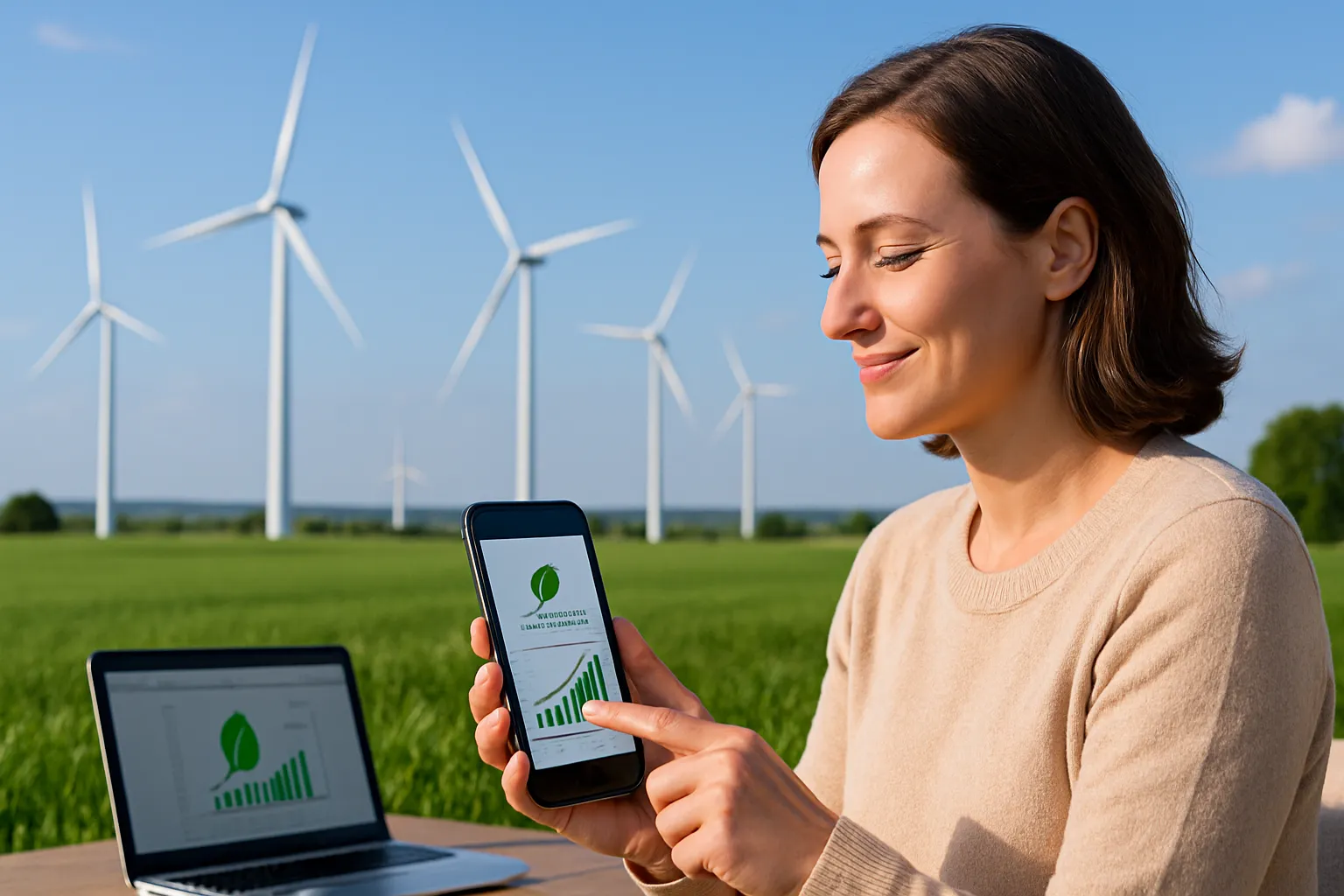 Mujer en un campo con molinos de viento al fondo, sosteniendo un smartphone donde se ve una app de energía limpia.
