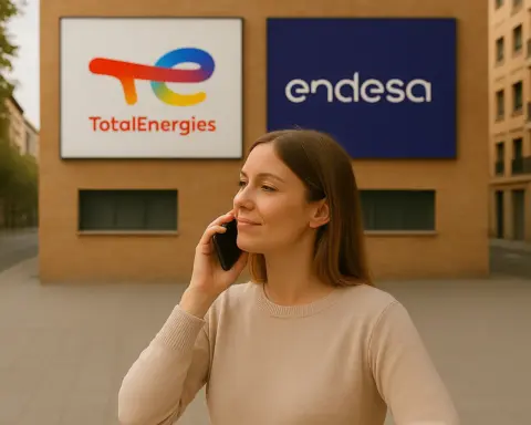 Dos personas comparan en un ordenador las tarifas de TotalEnergies y Endesa, viendo sus logotipos en la pantalla.