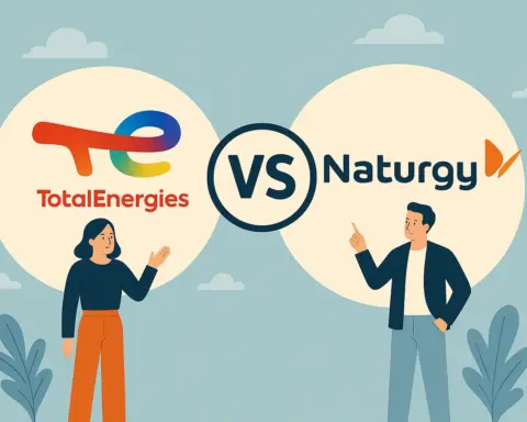 Comparativa TotalEnergies vs Naturgy con personajes señalando sus logos y fondo azul con nubes.