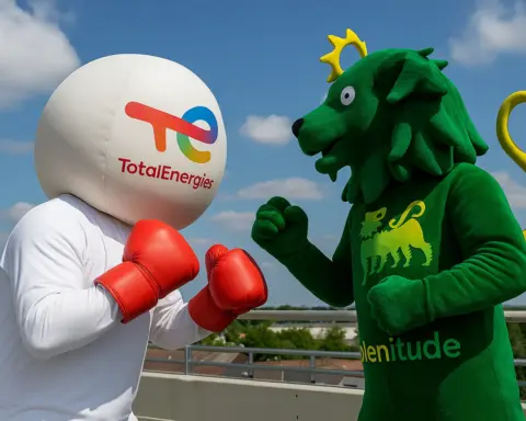 Comparativa entre TotalEnergies y Plenitude representada con sus mascotas preparadas para un combate.