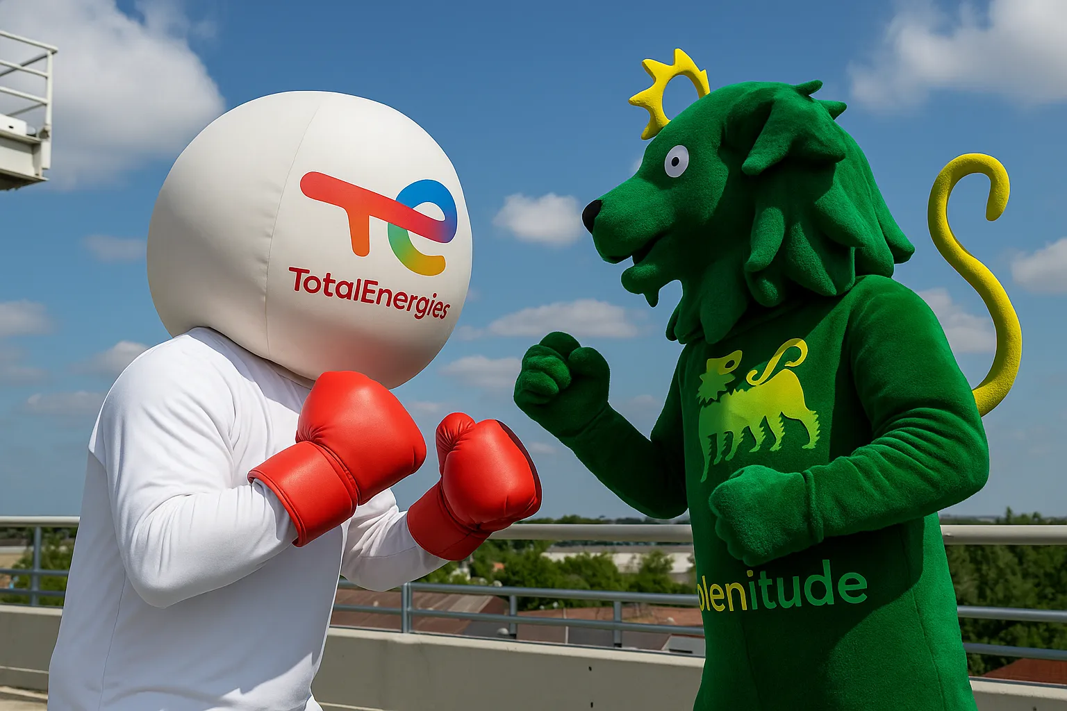 Comparativa entre TotalEnergies y Plenitude representada con sus mascotas preparadas para un combate.