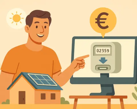 Propietario junto a casa con placas solares señalando contador inteligente y símbolo de euro.