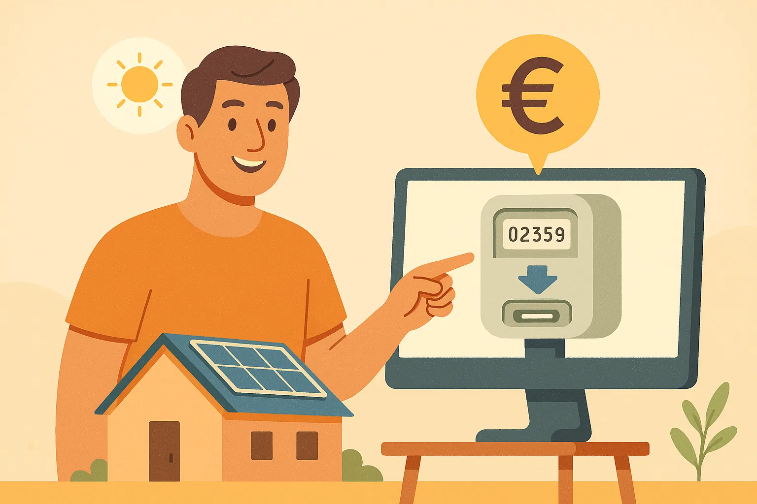 Propietario junto a casa con placas solares señalando contador inteligente y símbolo de euro.