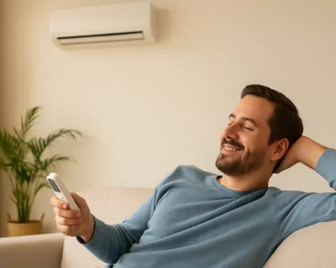 Hombre sonriendo mientras controla un aire acondicionado tipo split montado en la pared de su salón de su casa con aerotermia.