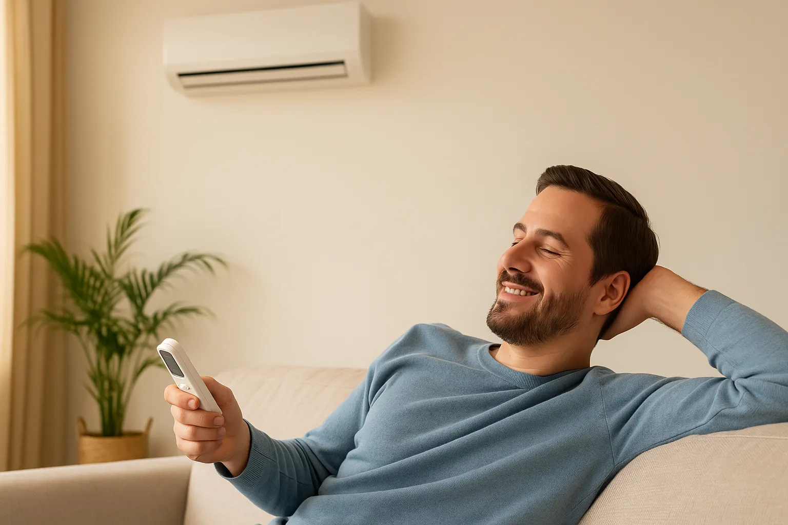 Hombre sonriendo mientras controla un aire acondicionado tipo split montado en la pared de su salón de su casa con aerotermia.