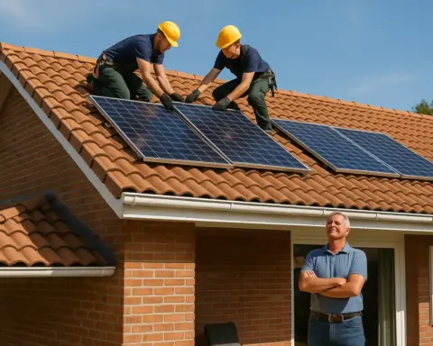 Técnicos instalando paneles solares en el tejado de una casa mientras el propietario observa con satisfacción desde abajo.