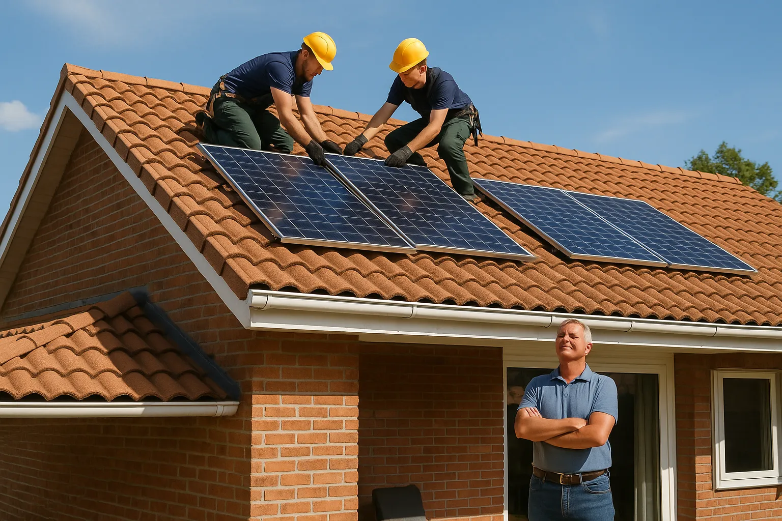 Técnicos instalando paneles solares en el tejado de una casa mientras el propietario observa con satisfacción desde abajo.
