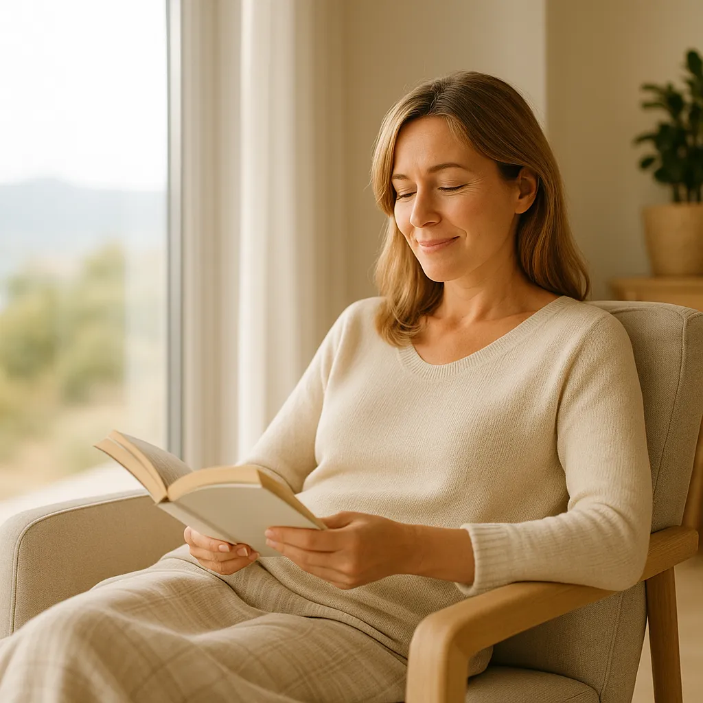 Mujer leyendo un libro en una segunda residencia con la tranquilidad de haber elegido la tarifa de luz óptima para su hogar.