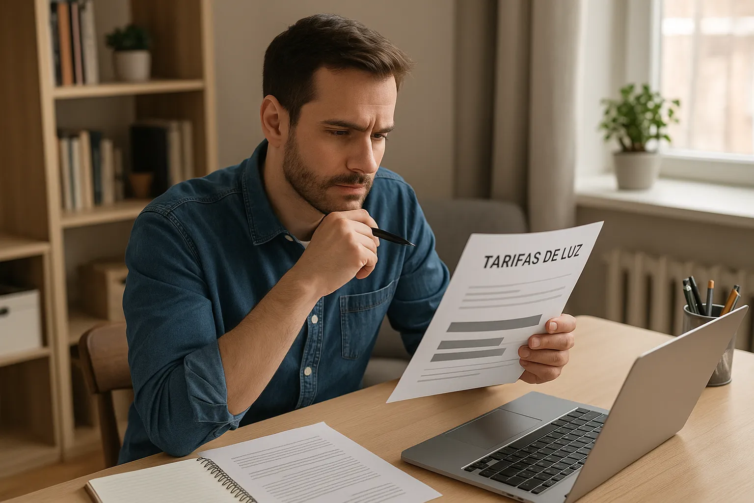 Hombre pensativo revisando una hoja con tarifas de luz sentado frente a un portátil, evaluando opciones para ahorrar en la factura eléctrica.