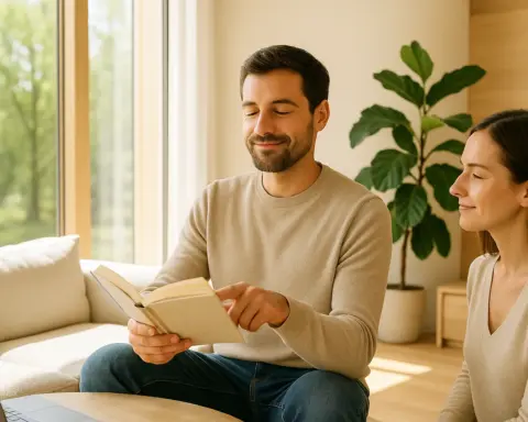 Una pareja relajada en el salón de su casa pasiva porque han contratado la tarifa perfecta para su vivienda.