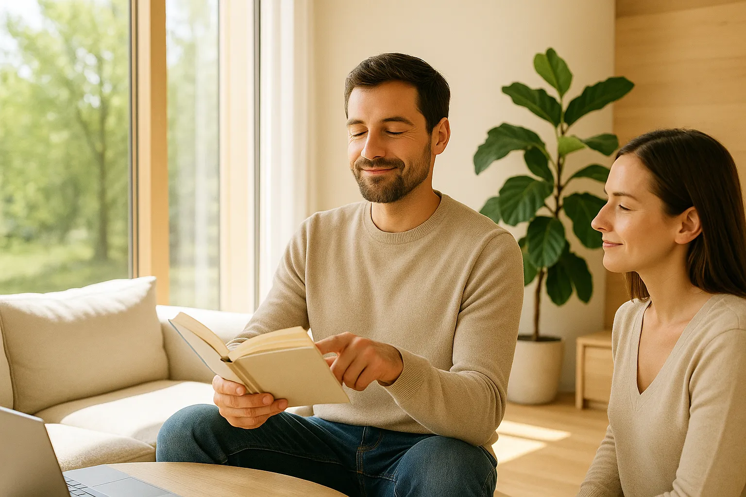 Una pareja relajada en el salón de su casa pasiva porque han contratado la tarifa perfecta para su vivienda.