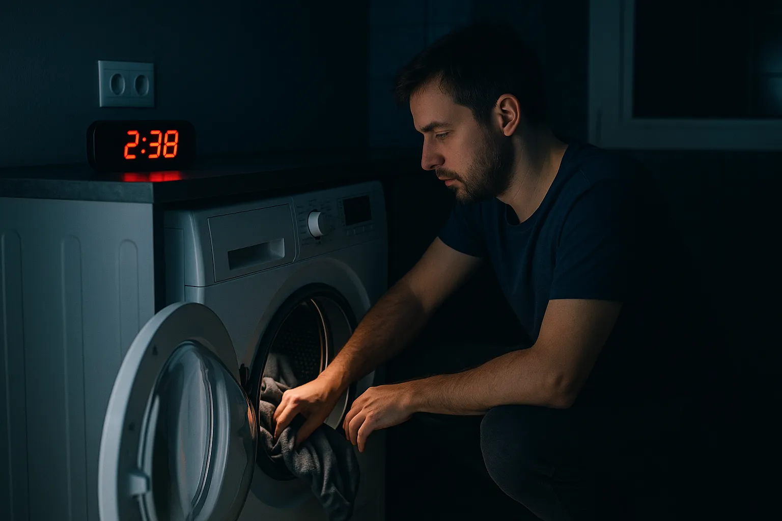 Hombre usando la lavadora a las 2:38 de la madrugada para aprovechar discriminación horaria de tarifa eléctrica.
